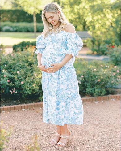 Cichic Ruffle Ruched High Waist Puff Sleeve Cute Photoshoot Maternity Maxi Dress in Saudi Arabia