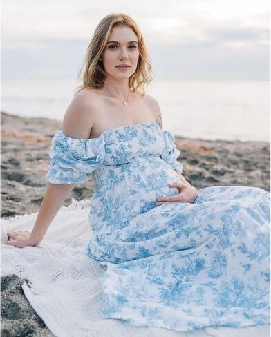Cichic Ruffle Ruched High Waist Puff Sleeve Cute Photoshoot Maternity Maxi Dress in Saudi Arabia