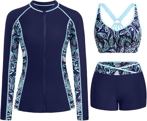 Daci Women 3 Piece Rash Guard - Long Sleeve Zip Up Swim Shirt with Sports Bra and Shorts UPF 50+ Modest Swimuits 2026 in Saudi Arabia