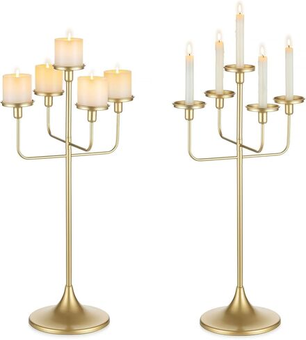Sziqiqi Candelabra for Wedding Table Centerpieces: Gold 5-Arms Candlestick Holders for Taper Pillars - 27 inch Metal Candle Holder for Christmas Party Event Decor in Saudi Arabia