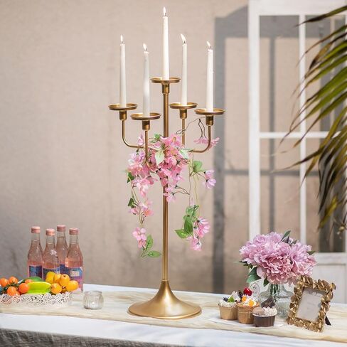 Sziqiqi Candelabra for Wedding Table Centerpieces: Gold 5-Arms Candlestick Holders for Taper Pillars - 27 inch Metal Candle Holder for Christmas Party Event Decor in Saudi Arabia