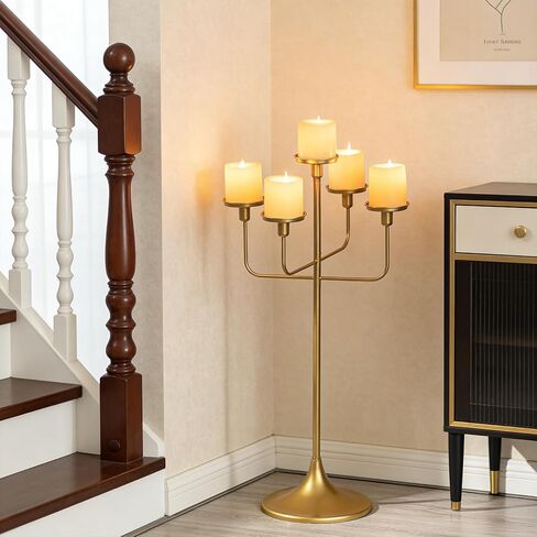Sziqiqi Candelabra for Wedding Table Centerpieces: Gold 5-Arms Candlestick Holders for Taper Pillars - 27 inch Metal Candle Holder for Christmas Party Event Decor in Saudi Arabia