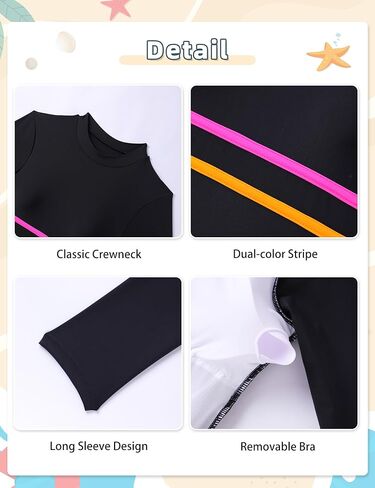 ملابس سباحة للفتيات من Rash Guard بأكمام طويلة وشريط مزدوج اللون مع قيعان بيكيني لباس سباحة للفتيات 7-16T in Kuwait