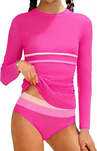 ملابس سباحة للفتيات من Rash Guard بأكمام طويلة وشريط مزدوج اللون مع قيعان بيكيني لباس سباحة للفتيات 7-16T in Kuwait
