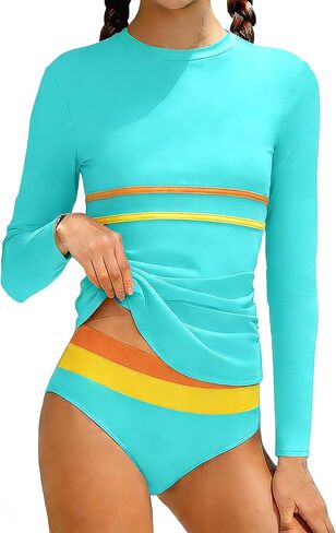 ملابس سباحة للفتيات من Rash Guard بأكمام طويلة وشريط مزدوج اللون مع قيعان بيكيني لباس سباحة للفتيات 7-16T in Kuwait