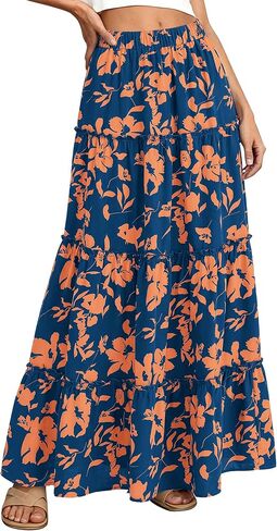 BTFBM Floral Maxi Skirts for Women Summer Spring 2026 Elastic Waist Tiered Flowy Beach Vacation Boho Midi Long Skirt in Kuwait