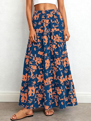 BTFBM Floral Maxi Skirts for Women Summer Spring 2026 Elastic Waist Tiered Flowy Beach Vacation Boho Midi Long Skirt in Kuwait