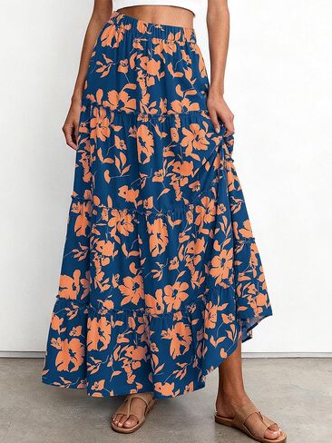 BTFBM Floral Maxi Skirts for Women Summer Spring 2026 Elastic Waist Tiered Flowy Beach Vacation Boho Midi Long Skirt in Kuwait