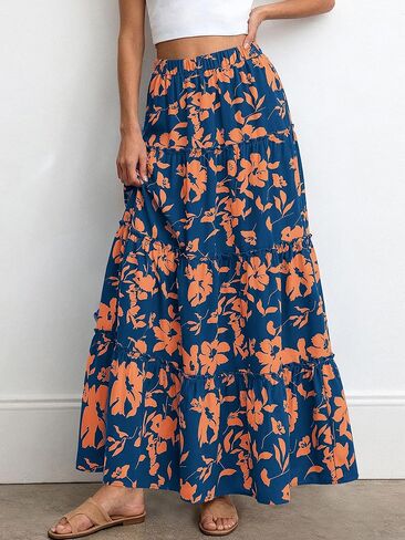 BTFBM Floral Maxi Skirts for Women Summer Spring 2026 Elastic Waist Tiered Flowy Beach Vacation Boho Midi Long Skirt in Kuwait