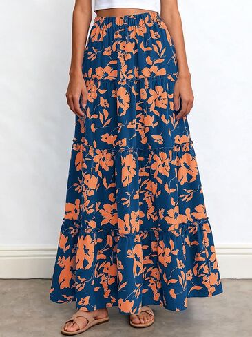 BTFBM Floral Maxi Skirts for Women Summer Spring 2026 Elastic Waist Tiered Flowy Beach Vacation Boho Midi Long Skirt in Kuwait