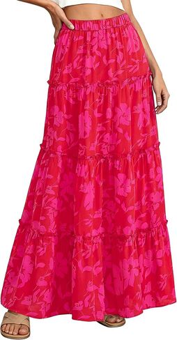 BTFBM Floral Maxi Skirts for Women Summer Spring 2026 Elastic Waist Tiered Flowy Beach Vacation Boho Midi Long Skirt in Kuwait