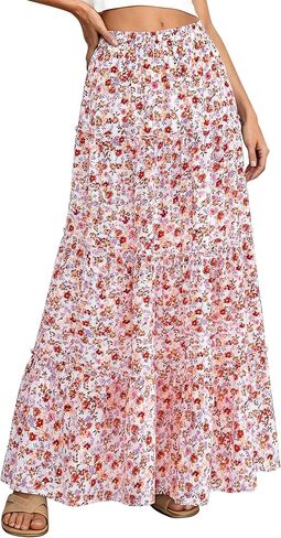 BTFBM Floral Maxi Skirts for Women Summer Spring 2026 Elastic Waist Tiered Flowy Beach Vacation Boho Midi Long Skirt in Kuwait