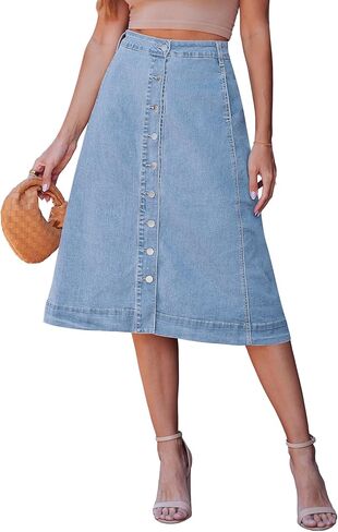 luvamia Jean Skirts for Women Trendy Midi Length A Line Western Casual Button Down Stretchy Denim Skirt with Pockets in Saudi Arabia