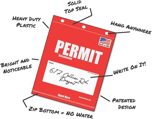 Permit Bags - 10 Pack - Original Patent Pending Outdoor Permit Bags - Construction Job SITE Permit Box Replacement - Waterproof, WRITEABLE Area, Highly Visible, Easily Mounted, Made in USA in Saudi Arabia