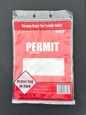 Permit Bags - 10 Pack - Original Patent Pending Outdoor Permit Bags - Construction Job SITE Permit Box Replacement - Waterproof, WRITEABLE Area, Highly Visible, Easily Mounted, Made in USA in Saudi Arabia