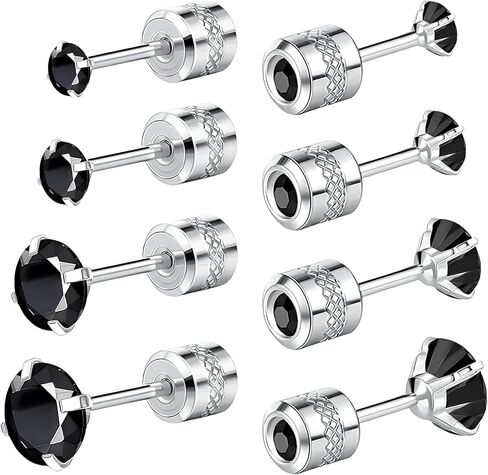 NEWITIN 4 Pairs Stainless Steel Stud Earrings for Men Hypoallergenic Earring Flatback Earring Screw Back Silver Gold Studs Inlaid Cubic Zirconia Stud Earrings for Women Men in Saudi Arabia