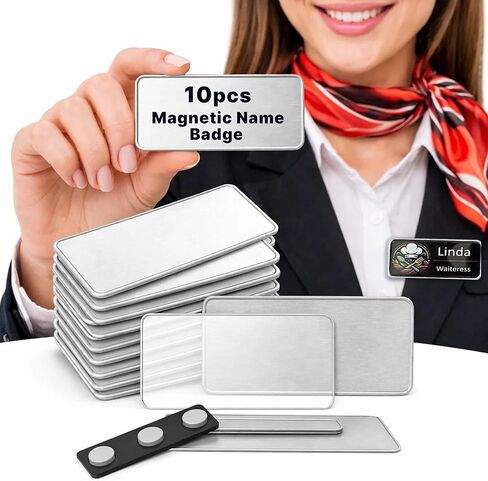 CiLoN 10 Pack Magnetic Name Badge Holder + Clear Acrylic Cover. DIY Customizable Engravable Round Corners. Reusable Magnetic Name Tags for Hotels, Restaurants, Schools, Stores & Teams. Silver, 1" x 3" in Saudi Arabia
