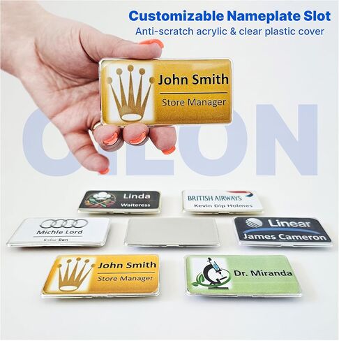 CiLoN 10 Pack Magnetic Name Badge Holder + Clear Acrylic Cover. DIY Customizable Engravable Round Corners. Reusable Magnetic Name Tags for Hotels, Restaurants, Schools, Stores & Teams. Silver, 1" x 3" in Saudi Arabia