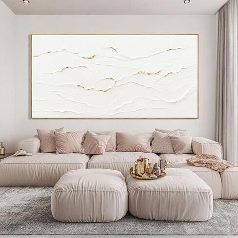 Large Wavy Line White Abstract Wall Art with Frame Minimalist Modern Hand drawn Painting Textured Poster for Living Room Dining Room Bedroom Decor 29"x58" in Saudi Arabia