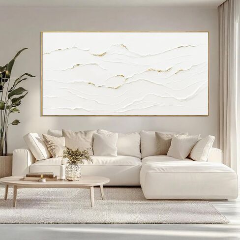 Large Wavy Line White Abstract Wall Art with Frame Minimalist Modern Hand drawn Painting Textured Poster for Living Room Dining Room Bedroom Decor 29"x58" in Saudi Arabia