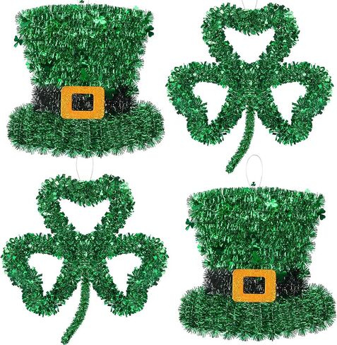 Iceyyyy 4 Pcs St. Patrick's Day Tinsel Wreath, 11 Inch Tinsel Shamrock and Hat Hanging Decoration, Green Tinsels Garland Set for Irish Saint Patrick's Party Home Wall Decoration in Kuwait