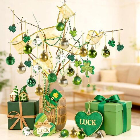 St Patrick's Day Shamrocks Ball Ornament Set, 36Pcs Green Gold Good Luck Clover Decorative Hanging Ball Ornaments Trefoil Hanging Bauble for Tree Table Shelf Home Decor Irish Decor in Saudi Arabia