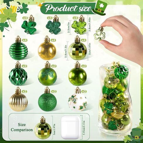 St Patrick's Day Shamrocks Ball Ornament Set, 36Pcs Green Gold Good Luck Clover Decorative Hanging Ball Ornaments Trefoil Hanging Bauble for Tree Table Shelf Home Decor Irish Decor in Saudi Arabia