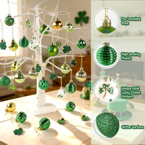 St Patrick's Day Shamrocks Ball Ornament Set, 36Pcs Green Gold Good Luck Clover Decorative Hanging Ball Ornaments Trefoil Hanging Bauble for Tree Table Shelf Home Decor Irish Decor in Saudi Arabia