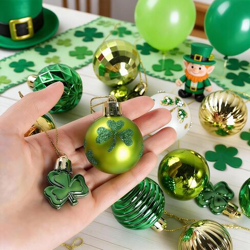 St Patrick's Day Shamrocks Ball Ornament Set, 36Pcs Green Gold Good Luck Clover Decorative Hanging Ball Ornaments Trefoil Hanging Bauble for Tree Table Shelf Home Decor Irish Decor in Saudi Arabia