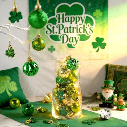 St Patrick's Day Shamrocks Ball Ornament Set, 36Pcs Green Gold Good Luck Clover Decorative Hanging Ball Ornaments Trefoil Hanging Bauble for Tree Table Shelf Home Decor Irish Decor in Saudi Arabia
