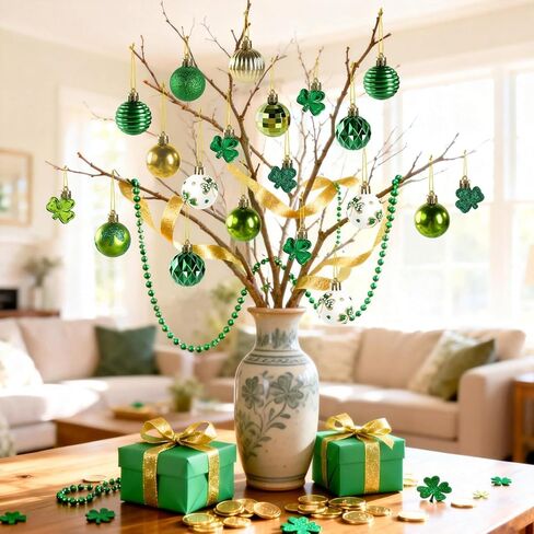 St Patrick's Day Shamrocks Ball Ornament Set, 36Pcs Green Gold Good Luck Clover Decorative Hanging Ball Ornaments Trefoil Hanging Bauble for Tree Table Shelf Home Decor Irish Decor in Saudi Arabia