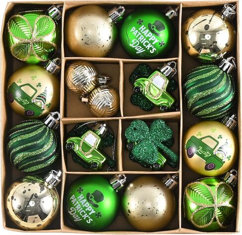 DecorbyHannah St Patricks Day Decorations Shamrock Irish Tree Ornaments Set, 21ct Small Green Gold St. Patrick's Day Shatterproof Good Luck Clover Hanging Ball Ornaments for Christmas Party Spring in Saudi Arabia