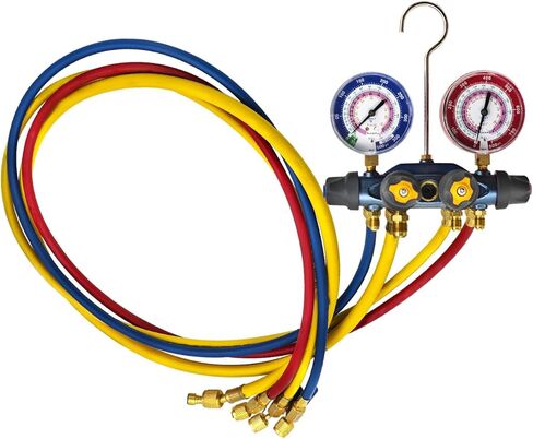 49968 Charging Manifold 4 Valve Test Fits for R404a R410a R22 refrigerants with 60" Ball Valve Hoses and 3/8" x 45° Port Red/Blue Gauges in Saudi Arabia