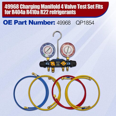 49968 Charging Manifold 4 Valve Test Fits for R404a R410a R22 refrigerants with 60" Ball Valve Hoses and 3/8" x 45° Port Red/Blue Gauges in Saudi Arabia