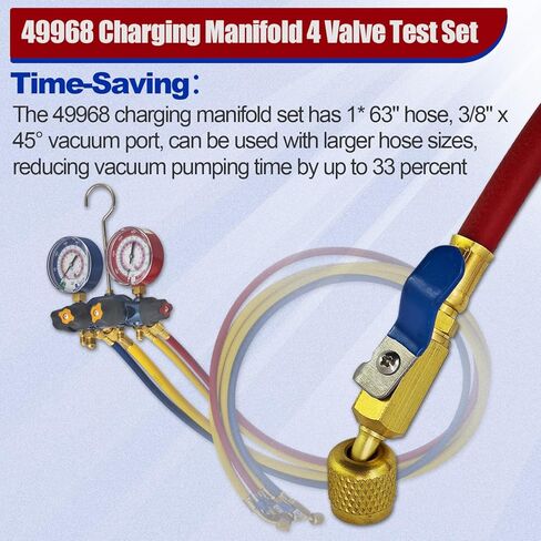 49968 Charging Manifold 4 Valve Test Fits for R404a R410a R22 refrigerants with 60" Ball Valve Hoses and 3/8" x 45° Port Red/Blue Gauges in Saudi Arabia