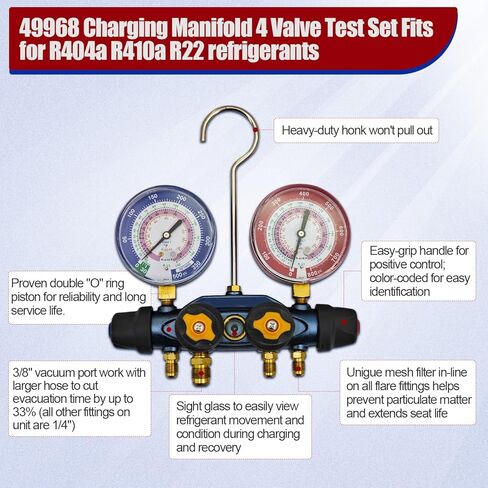 49968 Charging Manifold 4 Valve Test Fits for R404a R410a R22 refrigerants with 60" Ball Valve Hoses and 3/8" x 45° Port Red/Blue Gauges in Saudi Arabia
