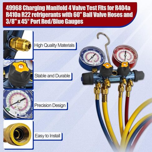 49968 Charging Manifold 4 Valve Test Fits for R404a R410a R22 refrigerants with 60" Ball Valve Hoses and 3/8" x 45° Port Red/Blue Gauges in Saudi Arabia