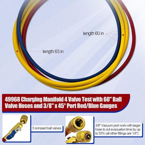 49968 Charging Manifold 4 Valve Test Fits for R404a R410a R22 refrigerants with 60" Ball Valve Hoses and 3/8" x 45° Port Red/Blue Gauges in Saudi Arabia