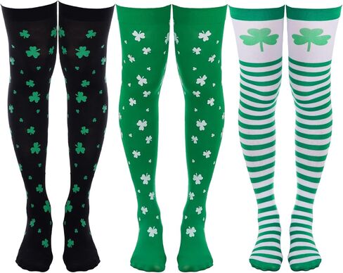 baotongle 3 Pairs St. Patrick Day Women Knee Thigh High Socks Polyester Long Thigh High Shamrock Stripe Party Socks for Costume in Kuwait