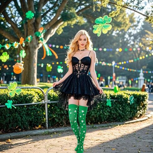 baotongle 3 Pairs St. Patrick Day Women Knee Thigh High Socks Polyester Long Thigh High Shamrock Stripe Party Socks for Costume in Kuwait