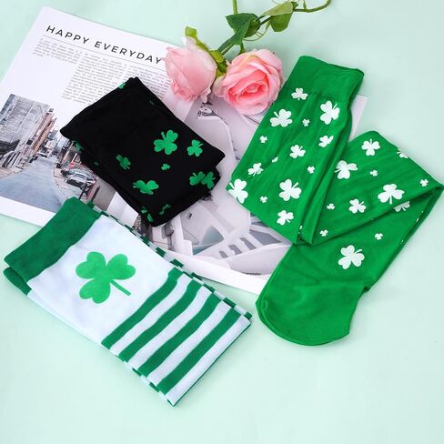 baotongle 3 Pairs St. Patrick Day Women Knee Thigh High Socks Polyester Long Thigh High Shamrock Stripe Party Socks for Costume in Kuwait