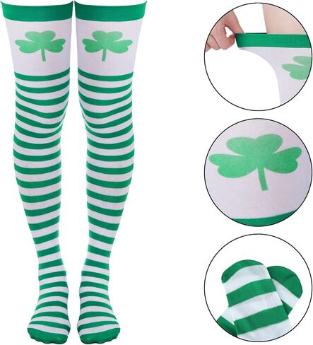 baotongle 3 Pairs St. Patrick Day Women Knee Thigh High Socks Polyester Long Thigh High Shamrock Stripe Party Socks for Costume in Kuwait