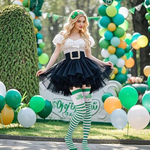 baotongle 3 Pairs St. Patrick Day Women Knee Thigh High Socks Polyester Long Thigh High Shamrock Stripe Party Socks for Costume in Kuwait