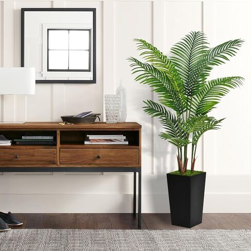 Artificial Palm Tree 5FT - Fake Tree with Black Tall Planter - Faux Tropical Areca Floor Plant in Pot - Artificial Silk Plant for Home Office Living Room Decor Indoor in Saudi Arabia