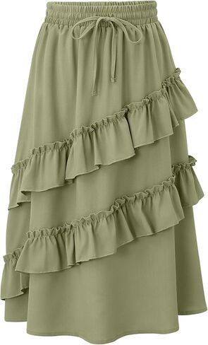 Girls High Waisted Ruffle Maxi Skirt Soft Cotton Long Skirts with Elastic Waistband for Kid Girl 3-12 Years in Kuwait
