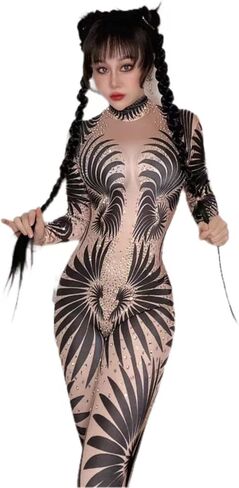 White Feather Printed Stones Tights Fitting Jumpsuit Woman Bodysuit Fashion Pole Dancing Performance Costumes in Saudi Arabia