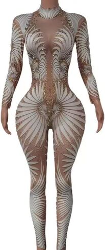 White Feather Printed Stones Tights Fitting Jumpsuit Woman Bodysuit Fashion Pole Dancing Performance Costumes in Saudi Arabia