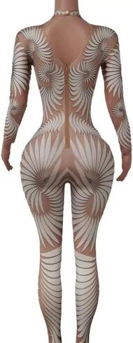 White Feather Printed Stones Tights Fitting Jumpsuit Woman Bodysuit Fashion Pole Dancing Performance Costumes in Saudi Arabia