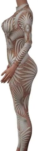 White Feather Printed Stones Tights Fitting Jumpsuit Woman Bodysuit Fashion Pole Dancing Performance Costumes in Saudi Arabia