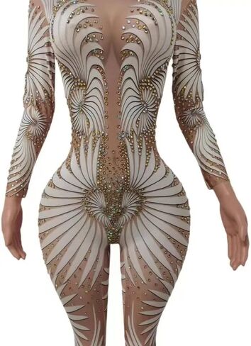 White Feather Printed Stones Tights Fitting Jumpsuit Woman Bodysuit Fashion Pole Dancing Performance Costumes in Saudi Arabia